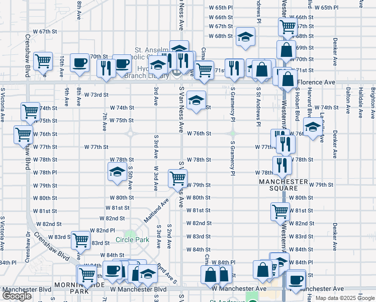 map of restaurants, bars, coffee shops, grocery stores, and more near 2142 West 78th Street in Los Angeles