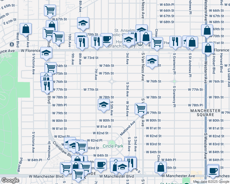map of restaurants, bars, coffee shops, grocery stores, and more near 2510 West 78th Street in Inglewood