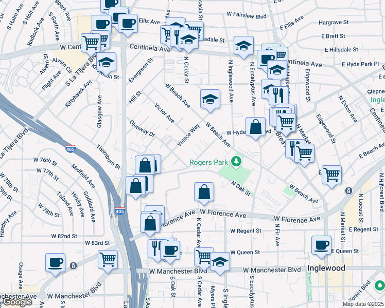 map of restaurants, bars, coffee shops, grocery stores, and more near 701 Glenway Drive in Inglewood