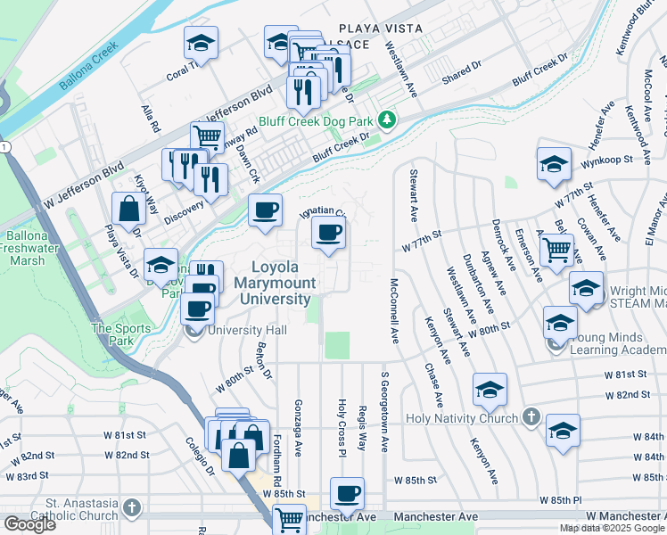 map of restaurants, bars, coffee shops, grocery stores, and more near 1950 Ignatian Circle in Los Angeles
