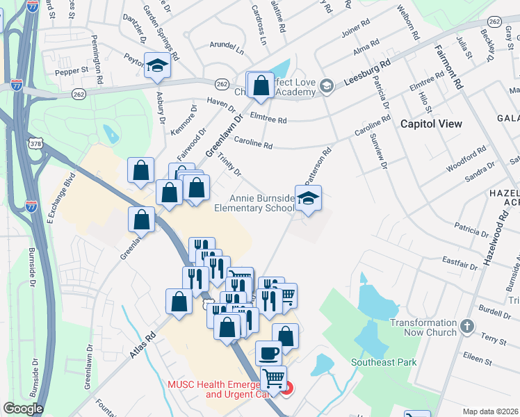 map of restaurants, bars, coffee shops, grocery stores, and more near 7305 Patterson Road in Columbia