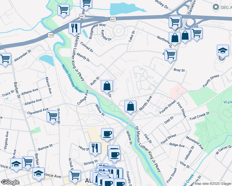 map of restaurants, bars, coffee shops, grocery stores, and more near 145 Strickland Avenue in Athens
