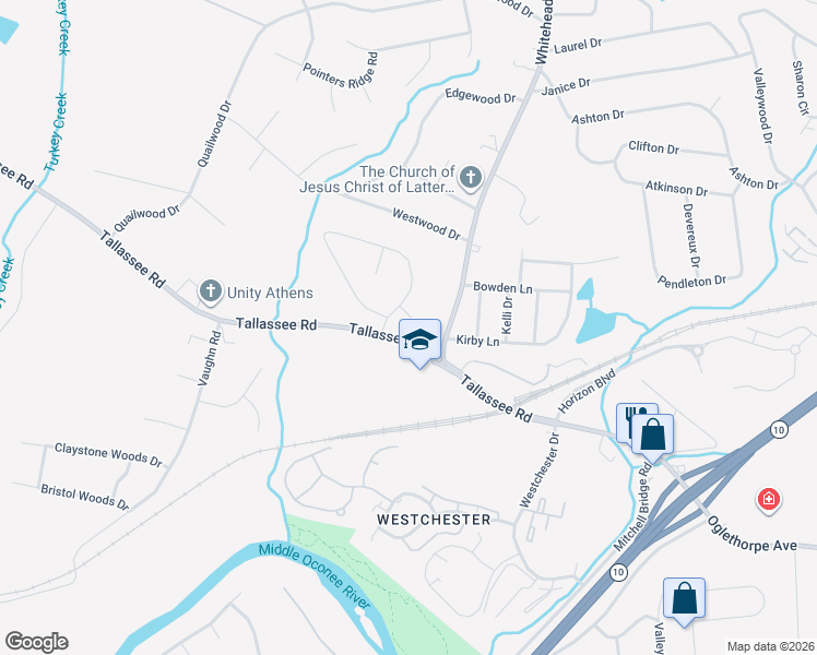 map of restaurants, bars, coffee shops, grocery stores, and more near 395 Tallassee Road in Athens