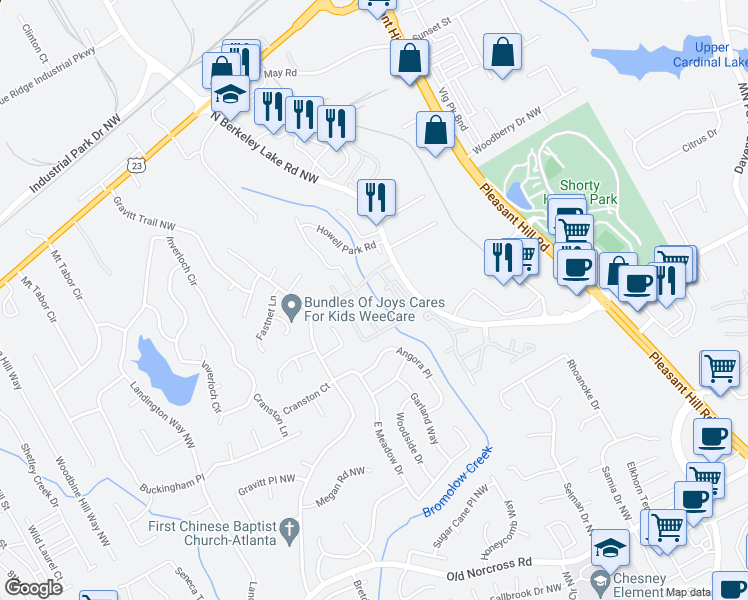 map of restaurants, bars, coffee shops, grocery stores, and more near 2620 North Berkeley Lake Road Northwest in Duluth