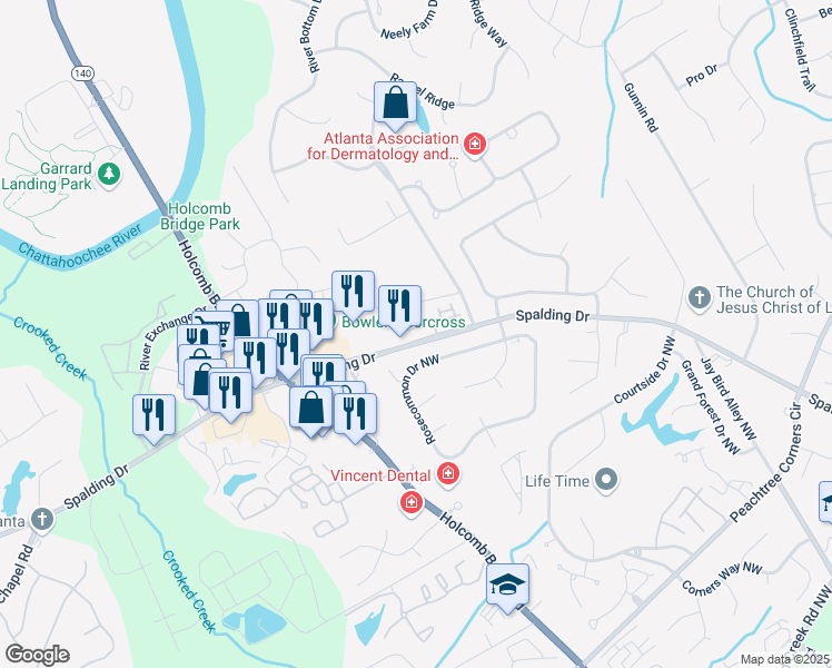 map of restaurants, bars, coffee shops, grocery stores, and more near 6259 Spalding Drive in Peachtree Corners