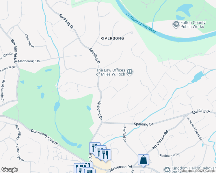 map of restaurants, bars, coffee shops, grocery stores, and more near 7760 Sagebrush Drive in Atlanta