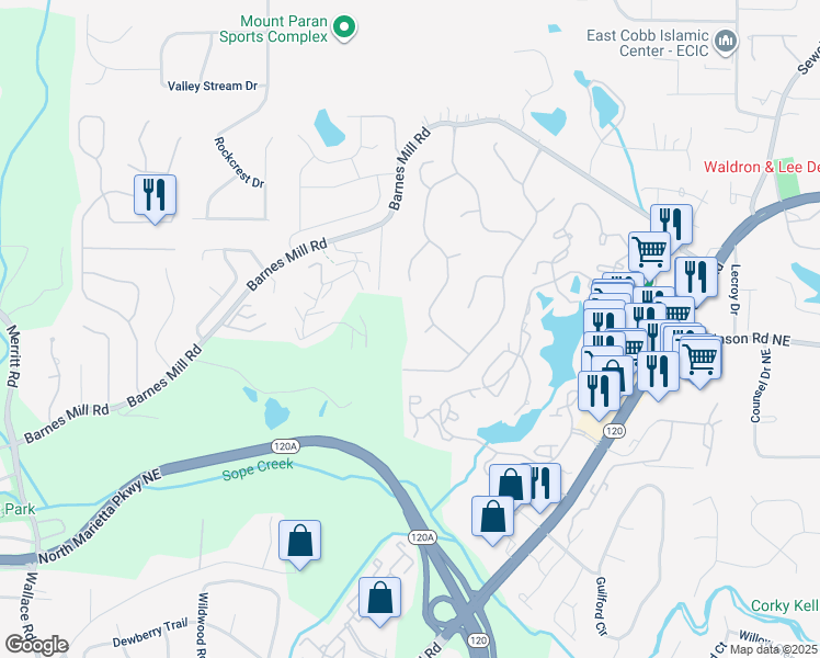 map of restaurants, bars, coffee shops, grocery stores, and more near 765 Fenwood Trail in Marietta