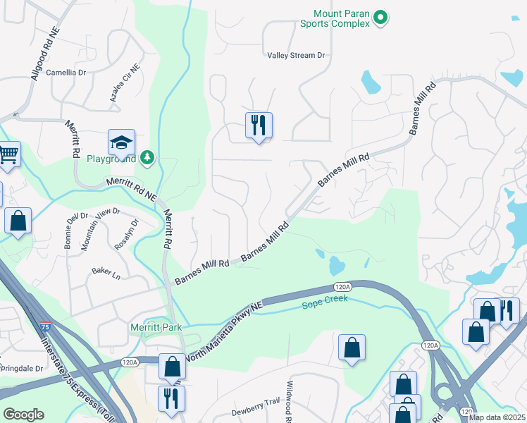 map of restaurants, bars, coffee shops, grocery stores, and more near 748 Barnes Mill Trace Northeast in Marietta