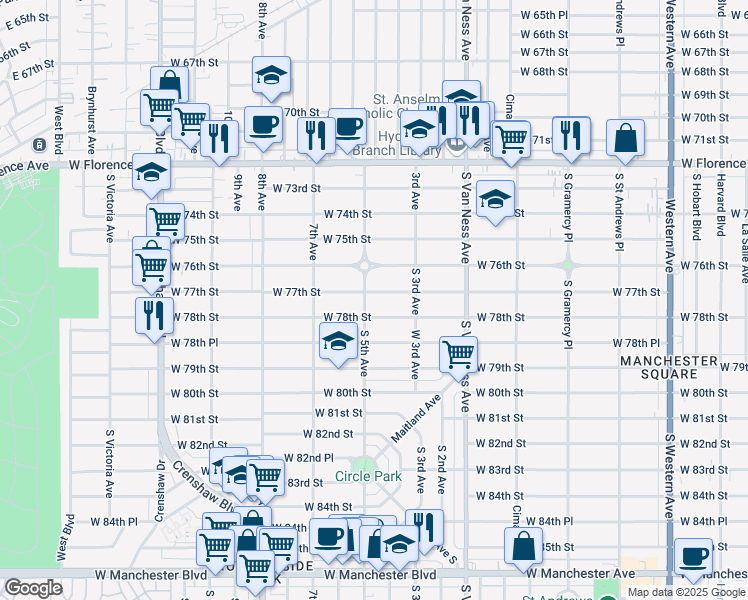 map of restaurants, bars, coffee shops, grocery stores, and more near 2510 West 78th Street in Inglewood