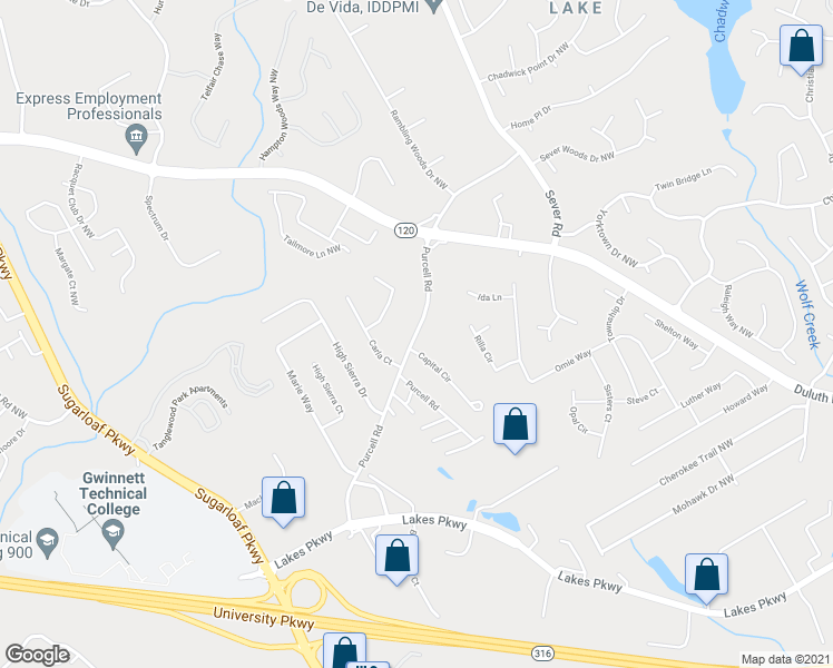 map of restaurants, bars, coffee shops, grocery stores, and more near 1530 Purcell Road in Lawrenceville