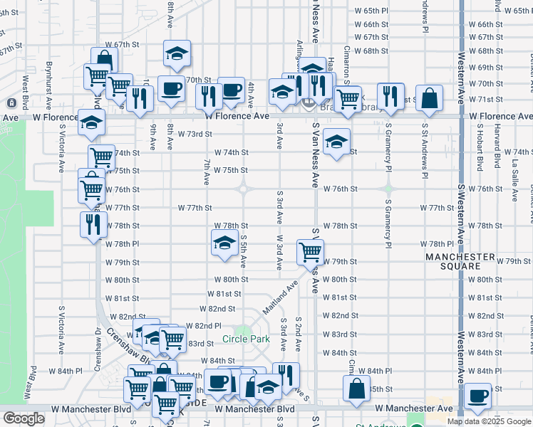 map of restaurants, bars, coffee shops, grocery stores, and more near 2422 West 77th Street in Inglewood