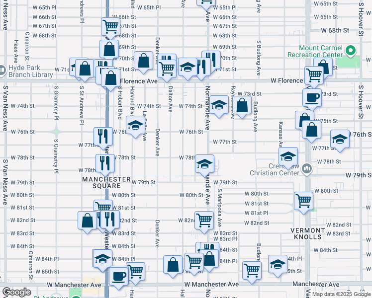 map of restaurants, bars, coffee shops, grocery stores, and more near 7710 South Halldale Avenue in Los Angeles
