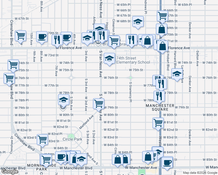 map of restaurants, bars, coffee shops, grocery stores, and more near 2126 West 77th Street in Los Angeles