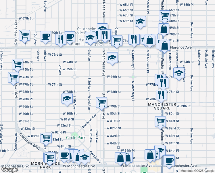 map of restaurants, bars, coffee shops, grocery stores, and more near 2142 West 78th Street in Los Angeles