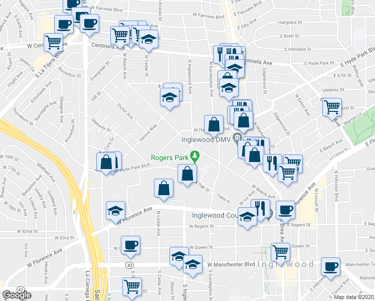 map of restaurants, bars, coffee shops, grocery stores, and more near Pepper Court in Inglewood