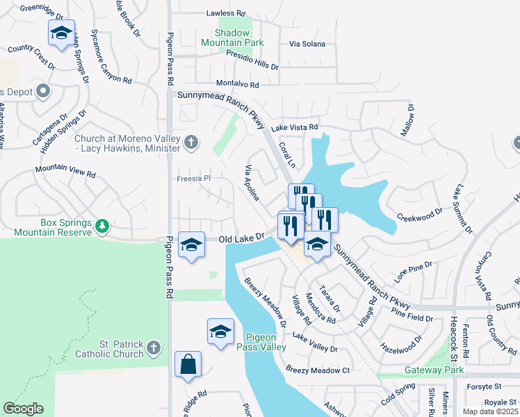 map of restaurants, bars, coffee shops, grocery stores, and more near 10417 Vía Apolina in Moreno Valley