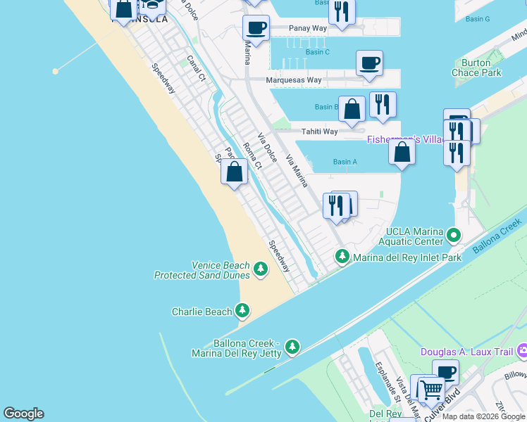 map of restaurants, bars, coffee shops, grocery stores, and more near 16 Spinnaker Street in Marina del Rey