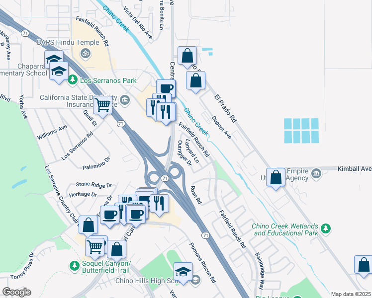 map of restaurants, bars, coffee shops, grocery stores, and more near 15588 Lanyard Lane in Chino Hills