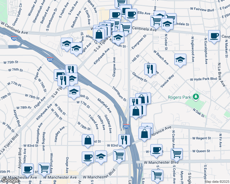 map of restaurants, bars, coffee shops, grocery stores, and more near 5258 Thornburn Street in Los Angeles