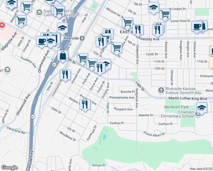 map of restaurants, bars, coffee shops, grocery stores, and more near in Riverside