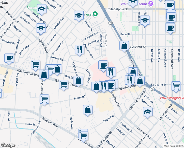map of restaurants, bars, coffee shops, grocery stores, and more near 7928 Crowndale Avenue in Whittier
