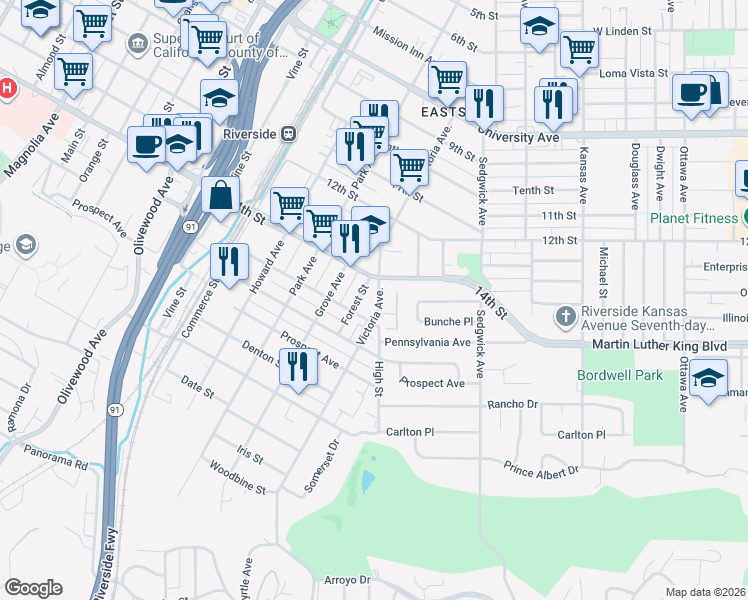 map of restaurants, bars, coffee shops, grocery stores, and more near in Riverside