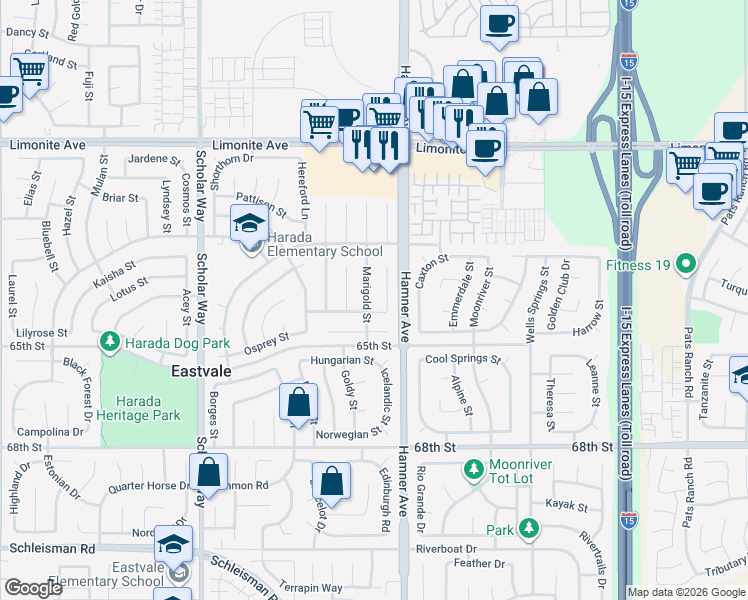 map of restaurants, bars, coffee shops, grocery stores, and more near 6502 Marigold Street in Corona