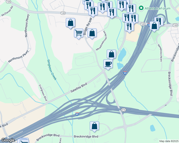 map of restaurants, bars, coffee shops, grocery stores, and more near 2651 Satellite Boulevard in Duluth