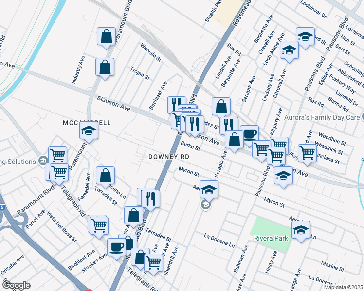 map of restaurants, bars, coffee shops, grocery stores, and more near 9010 Burke Street in Pico Rivera