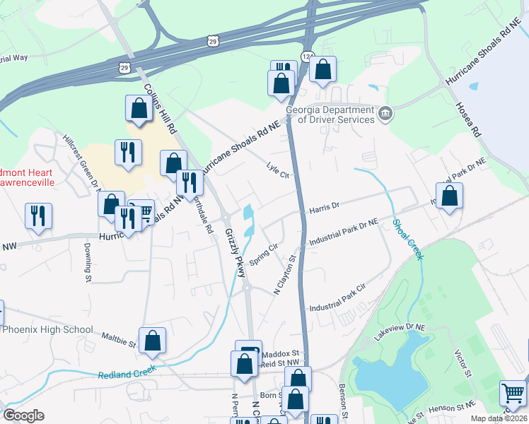 map of restaurants, bars, coffee shops, grocery stores, and more near 43 Joans Court in Lawrenceville