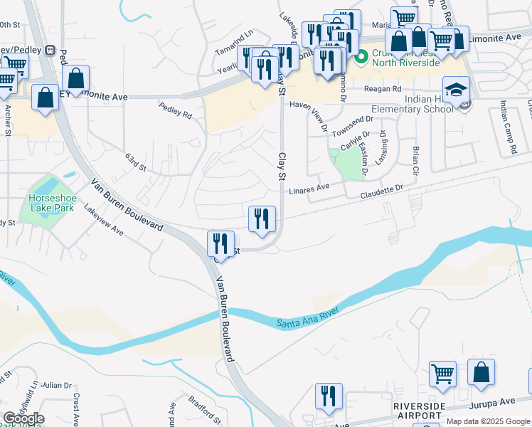 map of restaurants, bars, coffee shops, grocery stores, and more near 8401 Peachwillow Court in Jurupa Valley