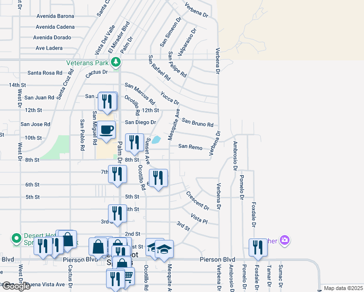 map of restaurants, bars, coffee shops, grocery stores, and more near San Remo in Desert Hot Springs