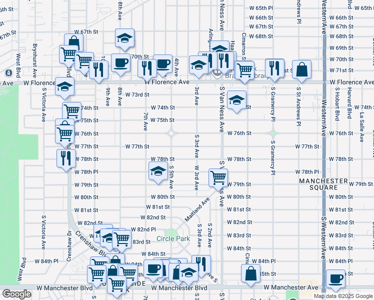map of restaurants, bars, coffee shops, grocery stores, and more near 2422 West 77th Street in Inglewood