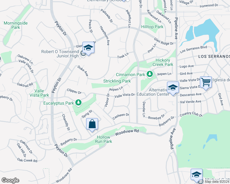 map of restaurants, bars, coffee shops, grocery stores, and more near 3705 Aspen Lane in Chino Hills