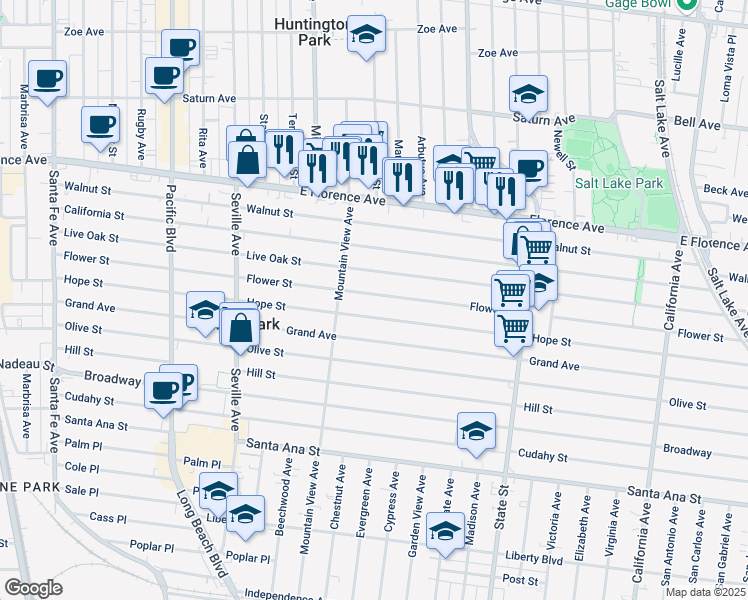 map of restaurants, bars, coffee shops, grocery stores, and more near 2940 Live Oak Street in Huntington Park