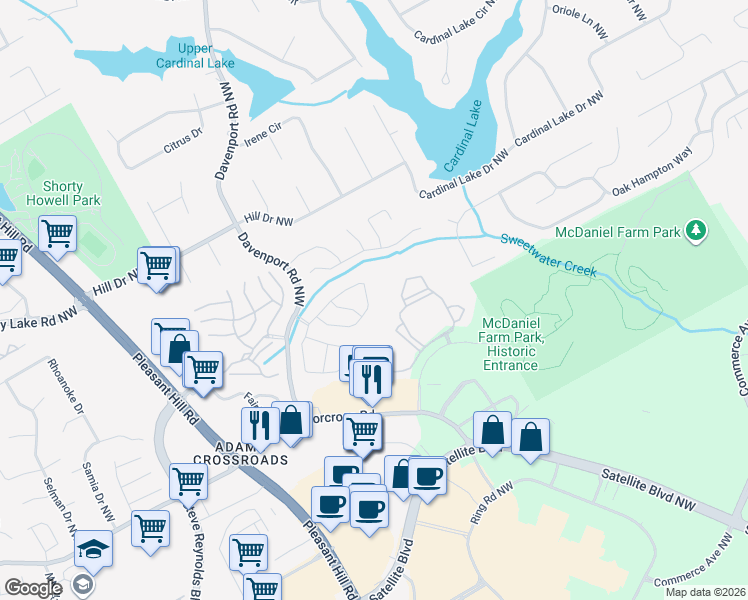 map of restaurants, bars, coffee shops, grocery stores, and more near 3195 Oxwell Drive Northwest in Duluth