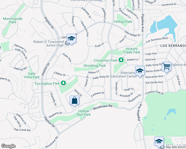 map of restaurants, bars, coffee shops, grocery stores, and more near 3705 Aspen Lane in Chino Hills
