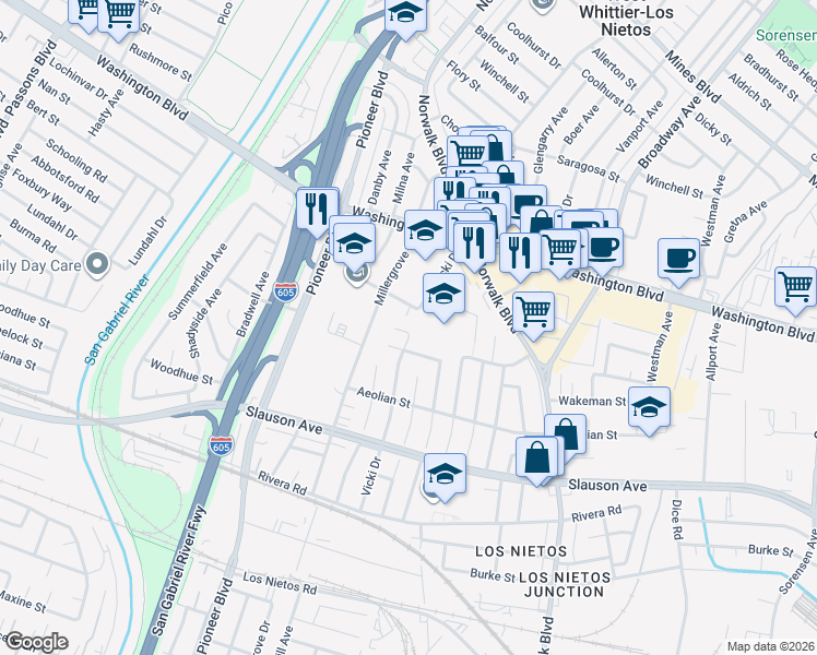 map of restaurants, bars, coffee shops, grocery stores, and more near 10923 Waddell Street in Whittier