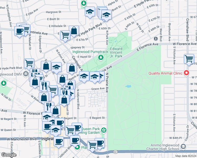 map of restaurants, bars, coffee shops, grocery stores, and more near 433 North Osage Avenue in Inglewood