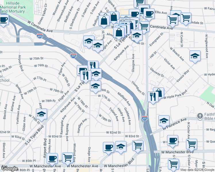 map of restaurants, bars, coffee shops, grocery stores, and more near 7451 Midfield Avenue in Los Angeles