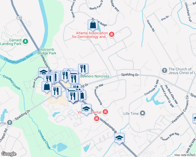 map of restaurants, bars, coffee shops, grocery stores, and more near 6259 Spalding Drive in Peachtree Corners