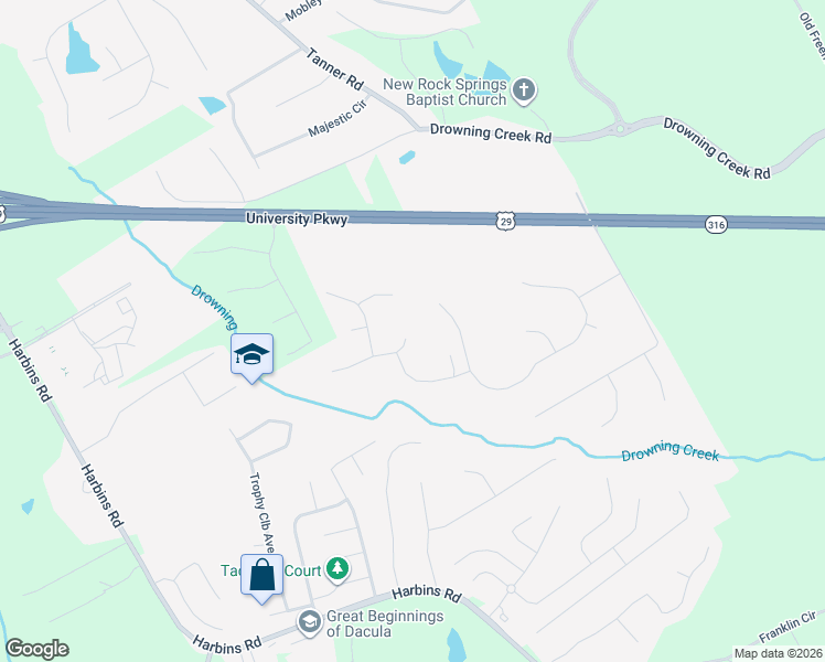 map of restaurants, bars, coffee shops, grocery stores, and more near 2801 Winky Bluff in Dacula