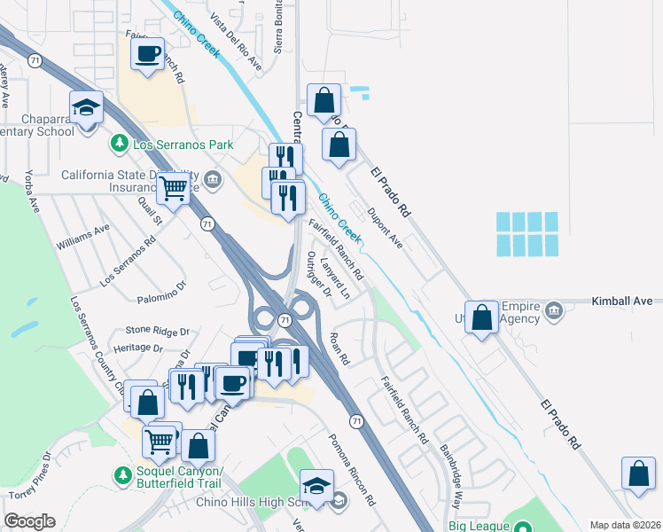 map of restaurants, bars, coffee shops, grocery stores, and more near 15533 Timberidge Lane in Chino Hills