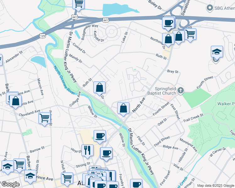 map of restaurants, bars, coffee shops, grocery stores, and more near 157 Strickland Avenue in Athens