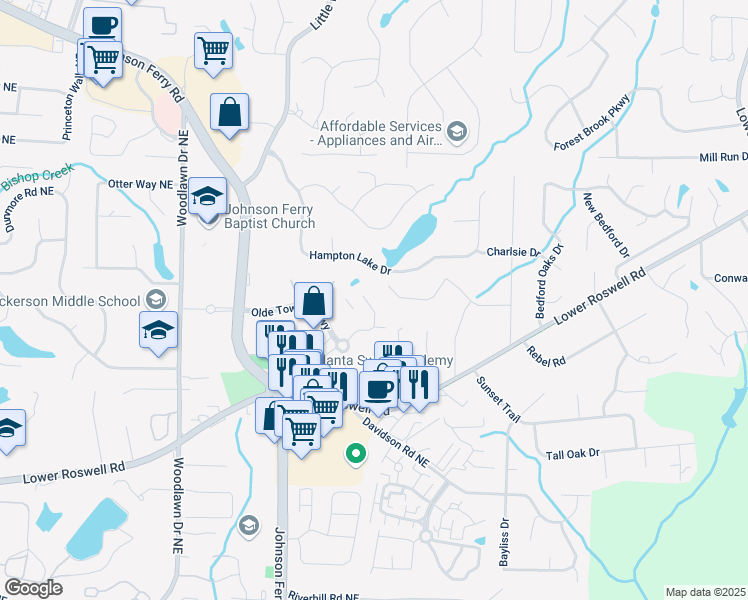 map of restaurants, bars, coffee shops, grocery stores, and more near 742 Olde Towne Lane in Marietta