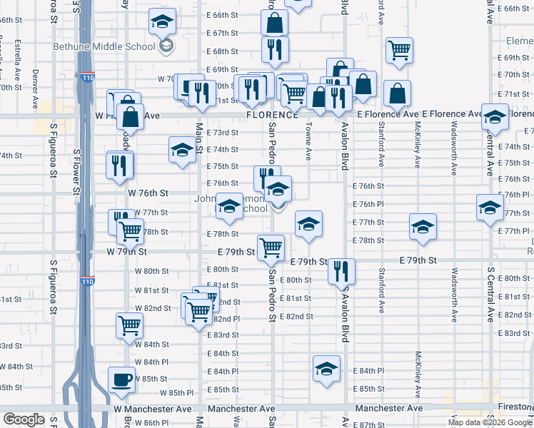 map of restaurants, bars, coffee shops, grocery stores, and more near 7675 South San Pedro Street in Los Angeles