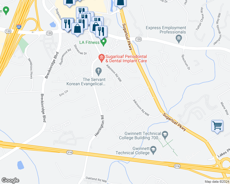 map of restaurants, bars, coffee shops, grocery stores, and more near 2074 Nelms Pointe Landing in Lawrenceville