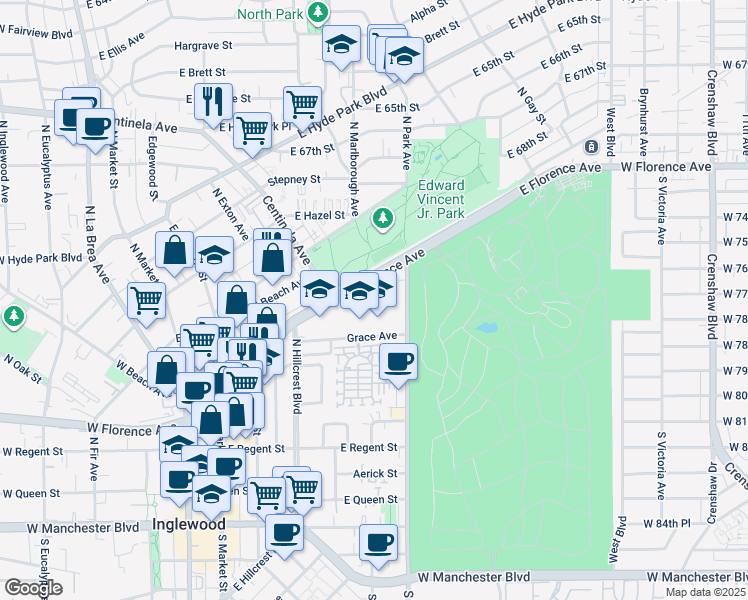 map of restaurants, bars, coffee shops, grocery stores, and more near 433 North Osage Avenue in Inglewood