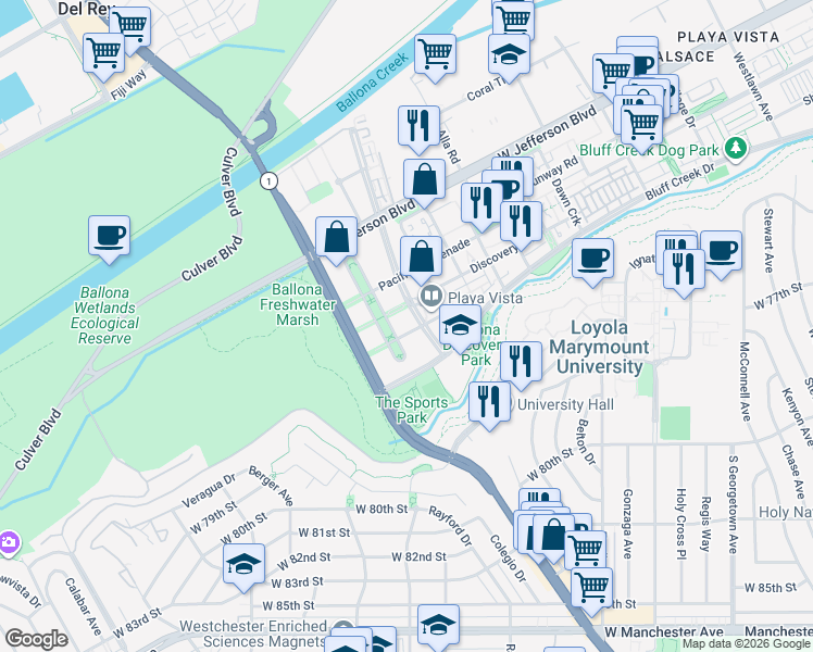 map of restaurants, bars, coffee shops, grocery stores, and more near 6201 Playa Vista Drive in Los Angeles