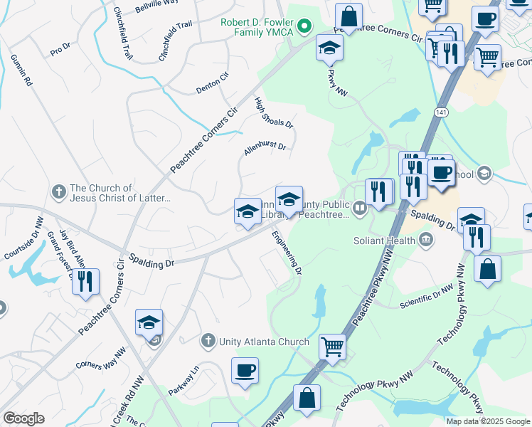 map of restaurants, bars, coffee shops, grocery stores, and more near 5701 Spalding Drive in Peachtree Corners